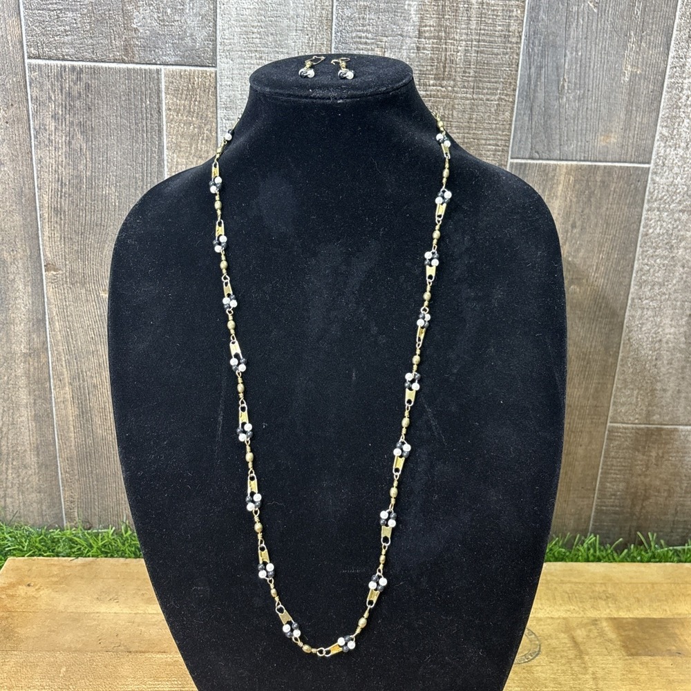 Vintage Artisan Safety Pin Faux Pearl Necklace Earrings Set Gold Tone